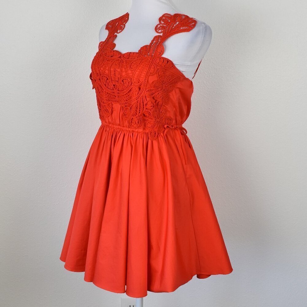 Self-Portrait Red Macrame Lace Organic Cotton Mini Dress Red - 0 - Picture 9 of 11